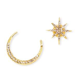 Gold Crystal Cosmos Asymmetrical Star Moon Post Earrings